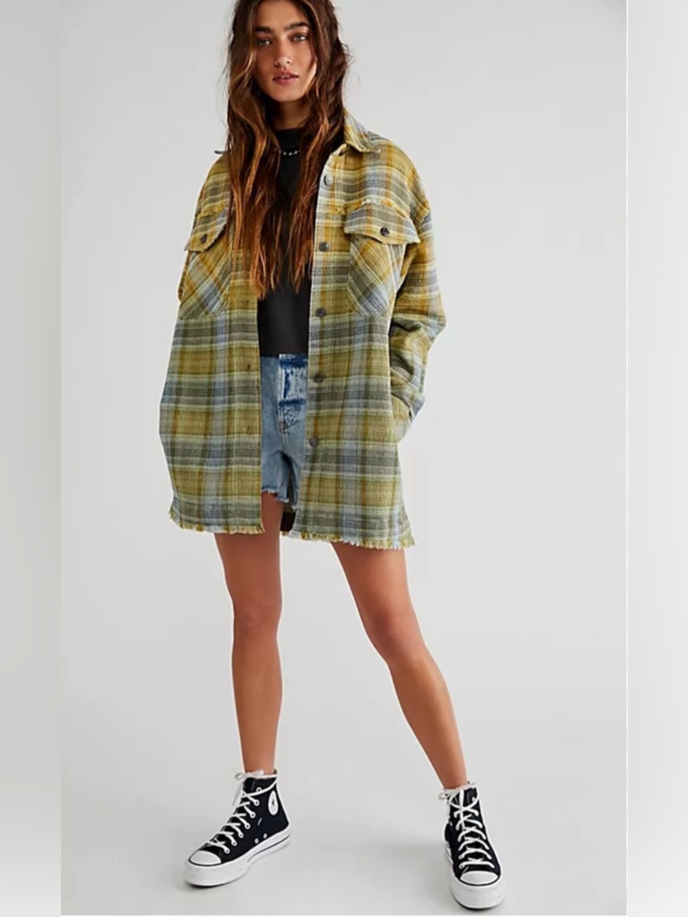 FREE PEOPLE Anneli Plaid Green Shirt oversized boho grunge beach Jacket shacket